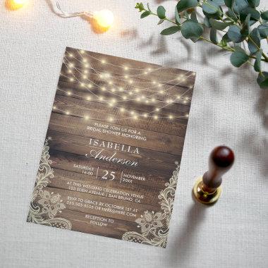 Rustic Wood & String Lights | Lace Bridal Shower Invitations