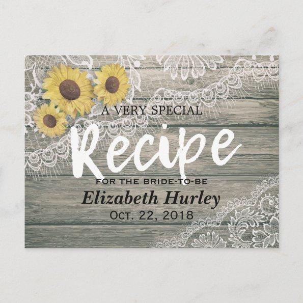Rustic Wood Sunflowers Lace Bridal Shower Recipe Invitation PostInvitations