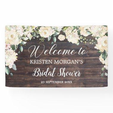 Rustic wood white roses hydrangeas bridal shower banner