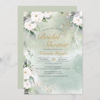 Sage Green and White Floral Elegant Bridal Shower Invitations
