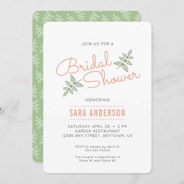 Sage Green Leaves and Coral Bridal Shower Invite