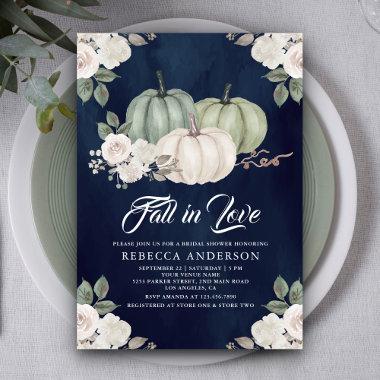 Sage Green Pumpkin Floral Navy Blue Bridal Shower Invitations