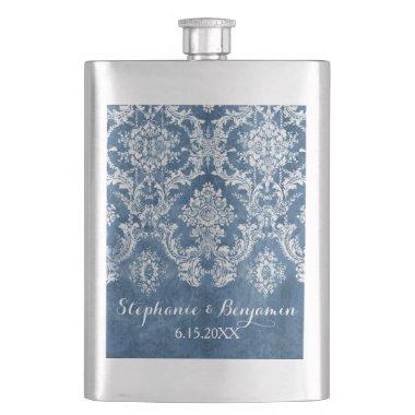 Sapphire Blue Rustic Damask Pattern Wedding Hip Flask
