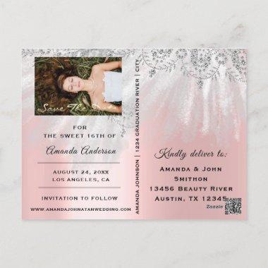 Save The Date Blue Photo Pink Sweet 16th Bridal PostInvitations
