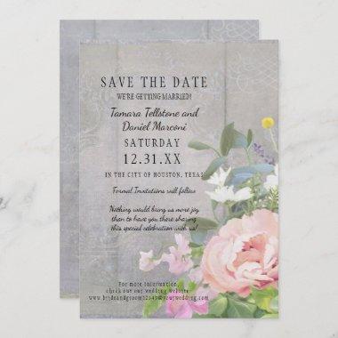 Save the Date BOHO Rustic Floral Wood Barn Peonies Invitations