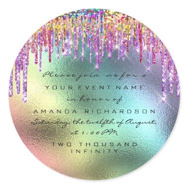 Save The Date Unicorn Rainbow Drips Holographic Classic Round Sticker