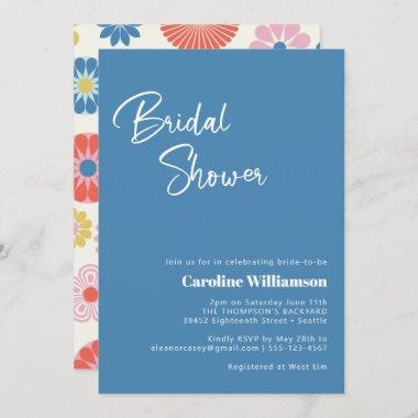 Scandinavian Boho Folk Flower Blue Bridal Shower Invitations
