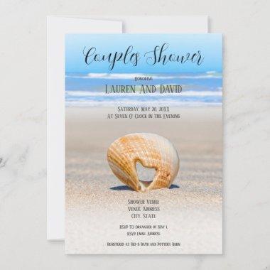 Seashell with Heart & sand at Beach, Couple Shower Invitations