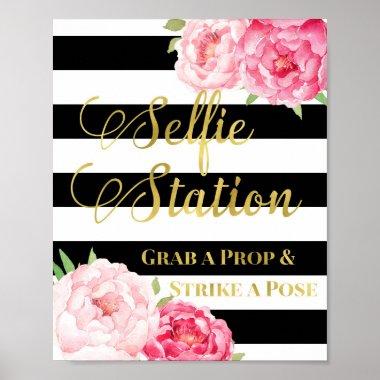 Selfie Station Sign Pink Floral Gold Black Stripes