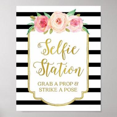 Selfie Station Sign Pink Floral Gold Black Stripes