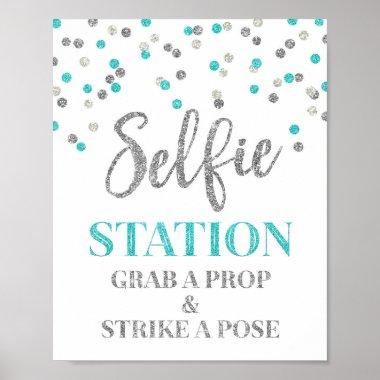 Selfie Station Wedding Sign Blue Silver Confetti