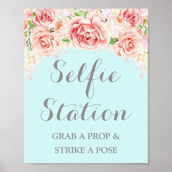 Selfie Station Wedding Sign Pink Watercolor Blue