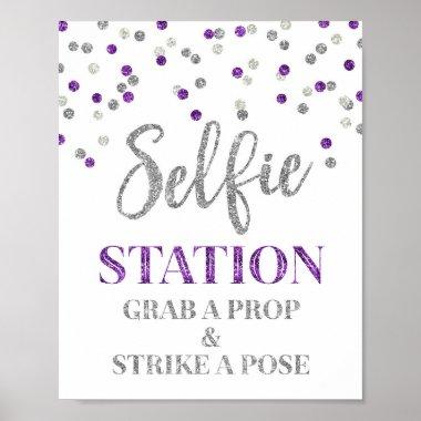 Selfie Station Wedding Sign Purple Silver Confetti