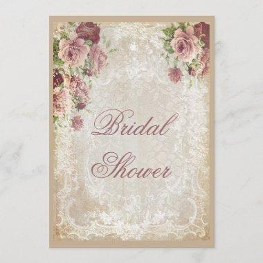 Shabby Chic Roses Pearls and Lace Bridal Shower Invitations