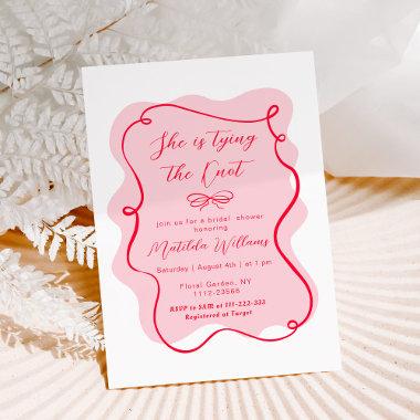 She is tying the knot pink red bow bridal shower Invitations