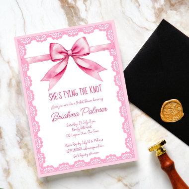 She's tying the knot pink bow bridal shower Invitations