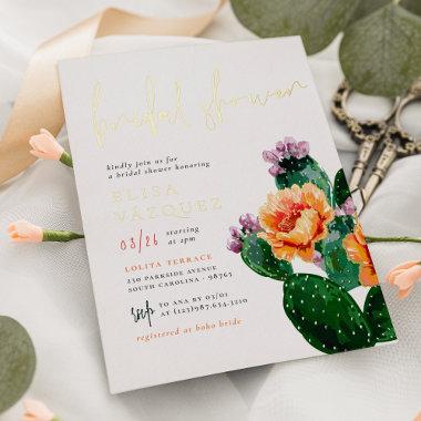 Shiny Boho Desert Cactus & Flowers Bridal Shower Foil Invitations