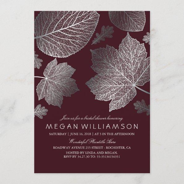 Silver and Burgundy Leaves Fall Bridal Shower Invitations