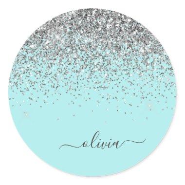 Silver Aqua Teal Blue Girly Glitter Monogram Classic Round Sticker