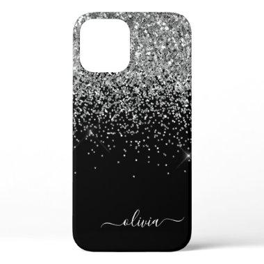 Silver Black Girly Glitter Sparkle Monogram Name C iPhone 12 Case