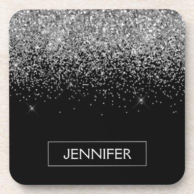 Silver Black Glitter Girly Monogram Name Beverage Coaster