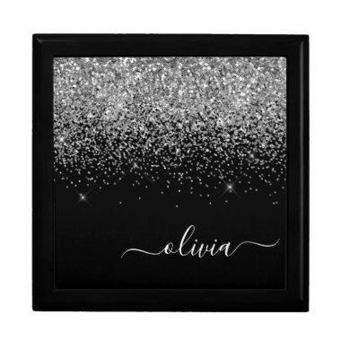 Silver Black Glitter Script Monogram Girly Name Gift Box