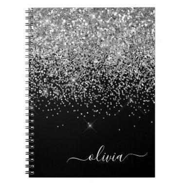 Silver Black Glitter Script Monogram Girly Name Notebook