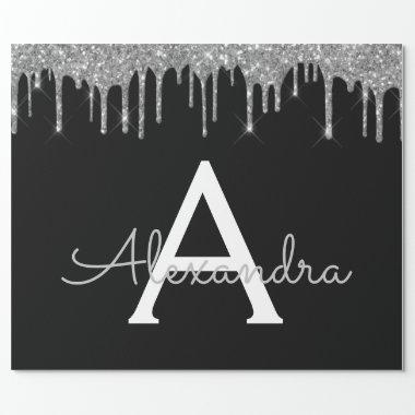 Silver Black Luxury Glitter Glam Monogram Name Wrapping Paper