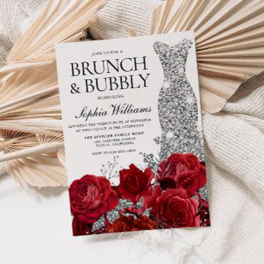 Silver Dress Red Rose Brunch Bubbly Bridal Shower Invitations