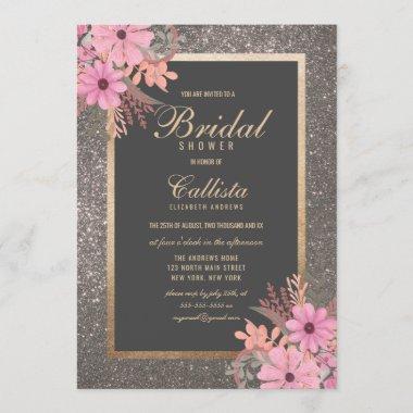 Silver Floral Watercolor Glitter Bridal Shower Invitations