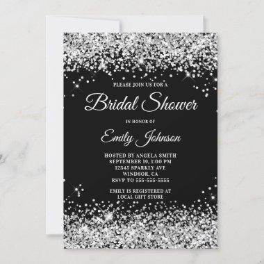 Silver Glitter Black Bridal Shower Fancy Script Invitations