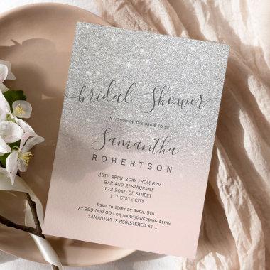 Silver glitter blush pink script bridal shower Invitations