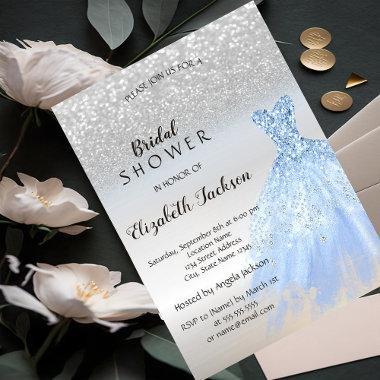Silver Glitter Bokeh Blue Dress Bridal Shower Invitations