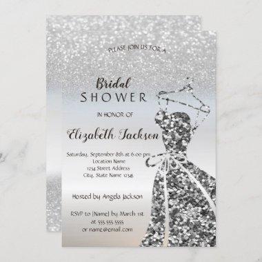 Silver Glitter Bokeh, Sequins Dress Bridal Shower Invitations