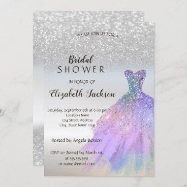 Silver Glitter Bokeh Sequins Dress Bridal Shower Invitations