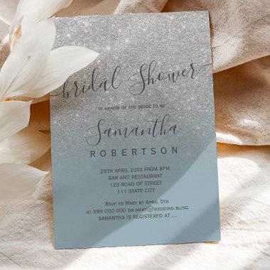 Silver glitter dusty blue script bridal shower Invitations