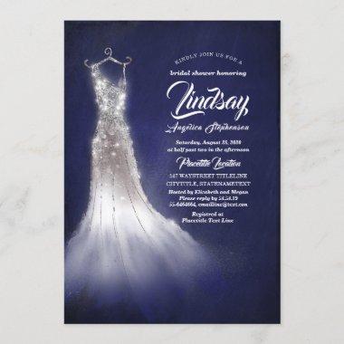 Silver Glitter Elegant Dress Blue Bridal shower Invitations