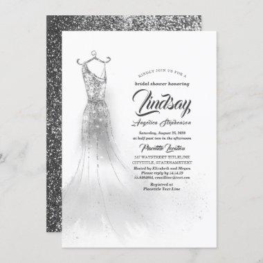 Silver Glitter Elegant Dress White Bridal shower Invitations