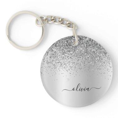 Silver Glitter Sparkle Glam Metal Monogram Name Keychain