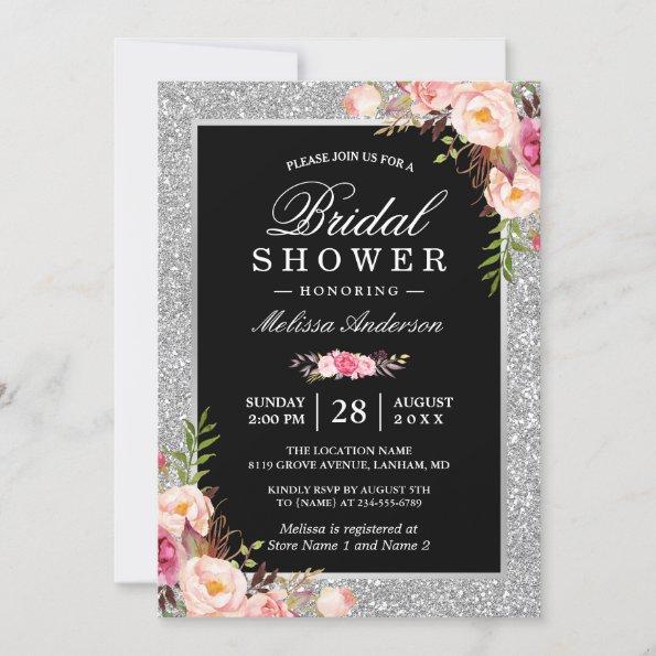 Silver Glitter Sparkles Floral Bridal Shower Invitations