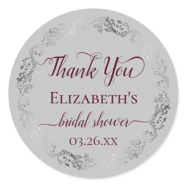 Silver Lace Burgundy Gray Bridal Shower Thank You Classic Round Sticker