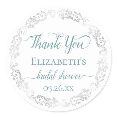 Silver Lace Teal on White Bridal Shower Thank You Classic Round Sticker