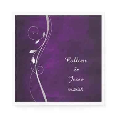 Silver Leaf Swirl Purple Wedding Napkins