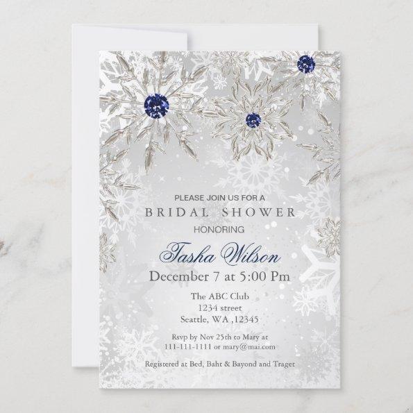 Silver Navy Snowflakes Winter Bridal Shower Invite