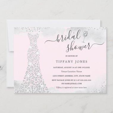 Silver Pink Sparkle Diamond Dress Bridal Shower Invitations