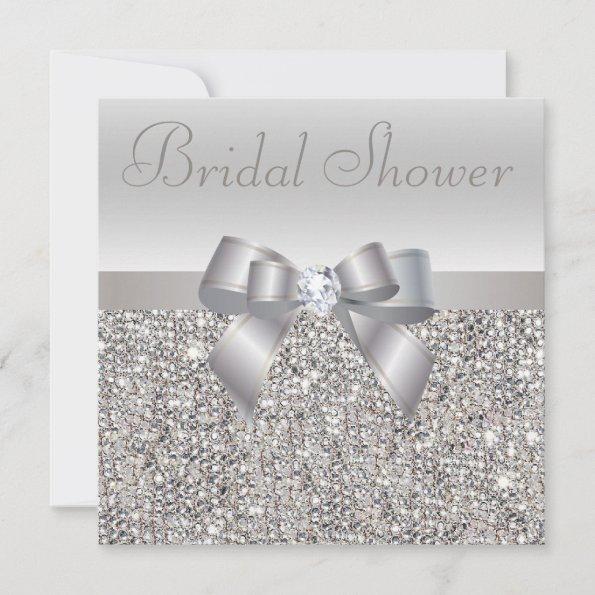 Silver Printed Sequins Bow & Diamond Bridal Shower Invitations