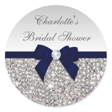 Silver Sequins Navy Bow Diamond Bridal Shower Classic Round Sticker