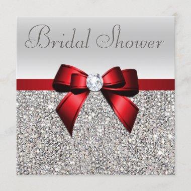 Silver Sequins Red Bow Diamond Bridal Shower Invitations
