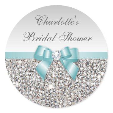 Silver Sequins Teal Bow Diamond Bridal Shower Classic Round Sticker
