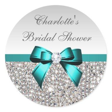 Silver Sequins Teal Diamond Bow Bridal Shower Classic Round Sticker